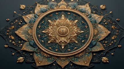 Fototapeta premium Golden mandala design on a deep background with space for greeting
