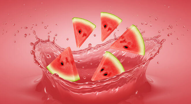 Watermelon juice splash with floating fruit triangles on transparent background.