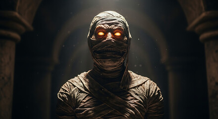 A menacing mummy with glowing eyes stands in a dark tomb with stone pillars shrouded in mystery and shadows