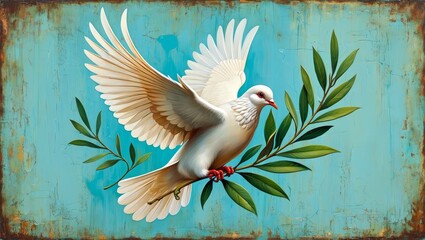 Dove of Peace with Olive Branch on Distressed Background