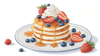 Stack of Pancakes with Berries and Cream - Digital Art, Breakfast , Food Illustration