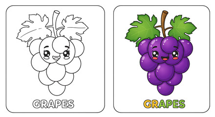 Cute Cartoon Grapes Coloring Page for Kids, Printable Fruit Outline with Kawaii Face