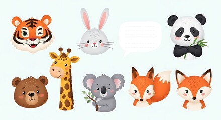Cute Cartoon Animal Heads with Empty Speech Bubble