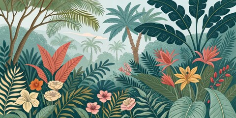 Tropical Forest Illustration Palm Trees, Flowers and Lush Foliage, nature ,plants