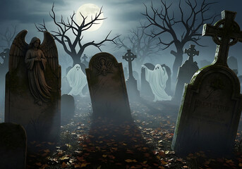 A spooky graveyard scene with ghosts tombstones angel statue and a full moon on a foggy night sky