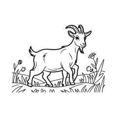 Engraving Vintage Goat Illustration in Meadow – Farm Animal Line Art with Grass and Flowers, Black and White Retro Style