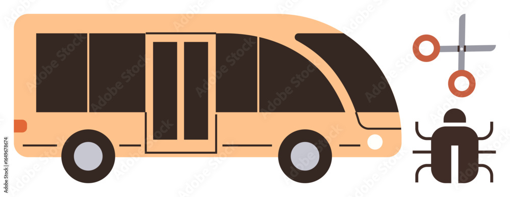 Poster modern bus alongside scissors and bug elements representing debugging, problem-solving, innovation, 