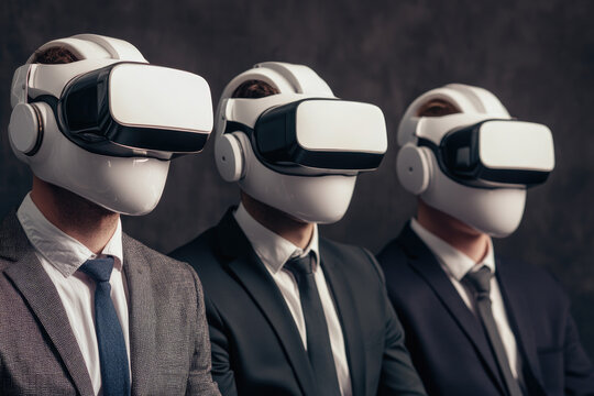 Businessmen in suits wearing virtual reality headsets