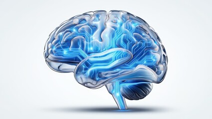 Futuristic Transparent Brain with Glowing Blue Circuits