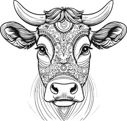 simple coloring page drawing of a cow face with intricate patterns on its surface, such as circles and swirls. The pattern is black ink lines against a white background 5