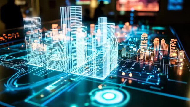 At a high tech exhibition, visitors marvel at a detailed city model illuminated with vibrant lights, showcasing advanced architecture and innovative designs, capturing the essence of a digital future.