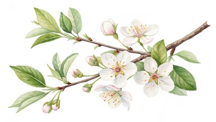 Fototapeta premium Watercolor Blossom Branch Spring Flowers and Buds, Floral , Botanical