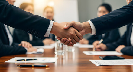 Business handshake sealed in a boardroom meeting