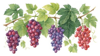 Watercolor Grapevine Red, Purple Grapes with Green Leaves,Fruit, Art