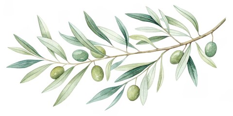 Watercolor Olive Branch with Green Olives, Botanical Art , Illustration