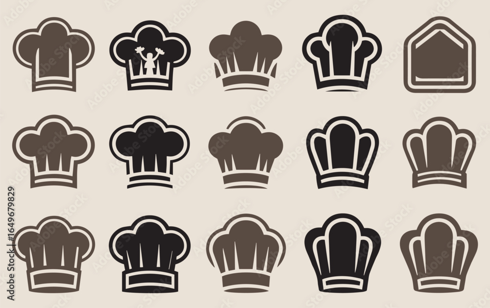 Poster a grid of fifteen chef hat icons in varying shades of brown and black. each icon features a distinct
