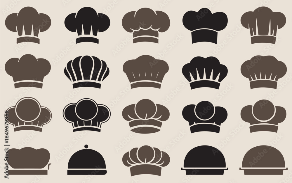 Aufkleber a collection of various chef hat icons in different styles and shapes, arranged in a grid on a plain