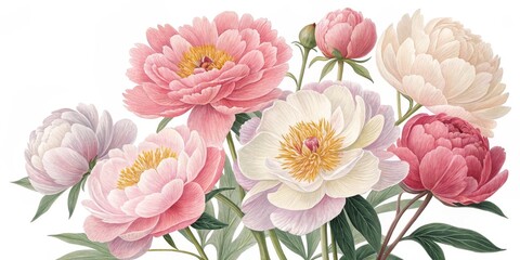 Watercolor Peony Bouquet on White, Floral , Spring