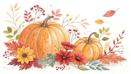 Watercolor Pumpkins with Fall Flowers and Leaves,Autumn ,Harvest