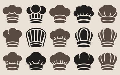 A grid of sixteen stylized chef hats in black and brown on a beige background. Each row showcases different hat designs, conveying a culinary theme.