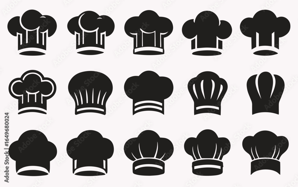 Poster silhouettes set of chef hats in various styles, arranged in three rows. each hat showcases unique de