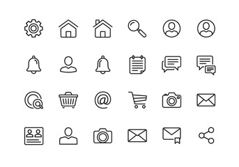 Collection of essential thin line icons for user interface design, website navigation, and mobile application elements.