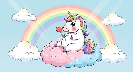 Cute Unicorn on a Fluffy Cloud with a Rainbow