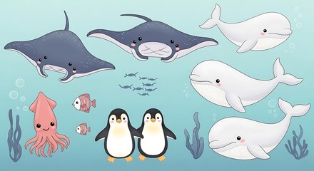 Fototapeta premium Cute Underwater Creatures in a Pastel Aquatic Scene