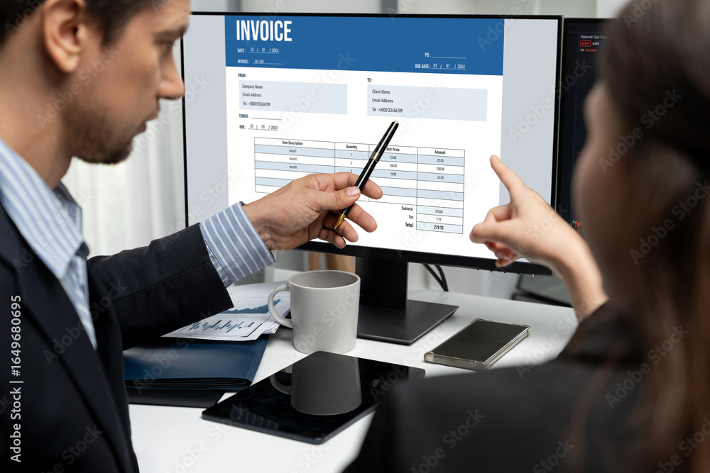Poster invoice on computer screen from accounting application. computer program for financial and budget of
