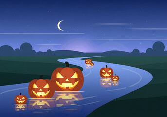 Jack o lanterns floating down a river at night under a crescent moon in a halloween landscape