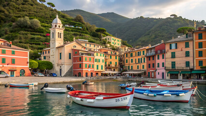 Fototapeta premium The layout features a cluster of colorful buildings perched on a rugged cliff overlooking the azure Mediterranean Water Place.