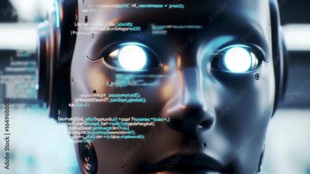 Wall mural futuristic robot face with glowing eyes and coding overlay in video