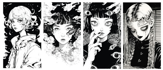 Dark Surreal Anime Girl Portraits in Black and White Illustration