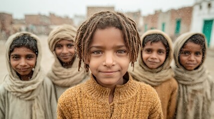 Fototapeta premium Group of smiling children in village setting looking at camera