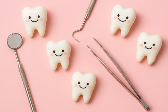 Smiling Teeth with Dental Tools: A charming arrangement of smiling teeth and dental tools presents a lighthearted, inviting approach to dental care and hygiene.