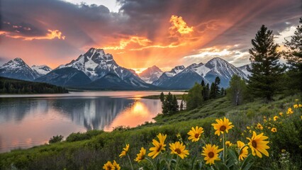 Sunset Over Snowy Peaks and Lake with Sunflower Foreground V2