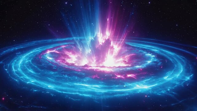 Supernova explosion radiating vibrant pink and blue light, creating a dynamic circular shockwave that expands through space, surrounded by shimmering stars in the vast cosmos