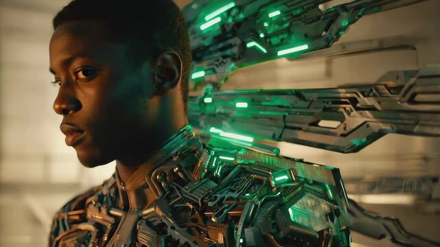 Futuristic exoskeleton being worn by a black man, featuring glowing green lights, suggesting advanced technology and innovation in a sci-fi setting