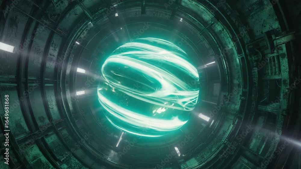 Poster bright green energy sphere rotating within a dark, futuristic metallic structure, illuminated by vib