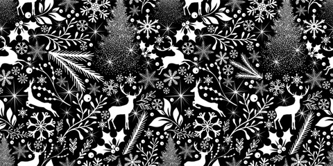 Seamless monochrome Christmas background with snowflakes, branches and deer. Not AI. Vector illustration. © Мария Неноглядова