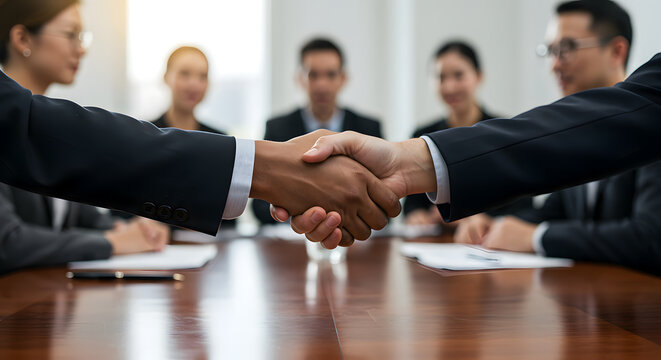 Handshake signifies a successful deal during a business meeting, with the rest of the business team members in background