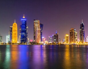 Fototapeta premium City skyline at night, lights reflecting on water