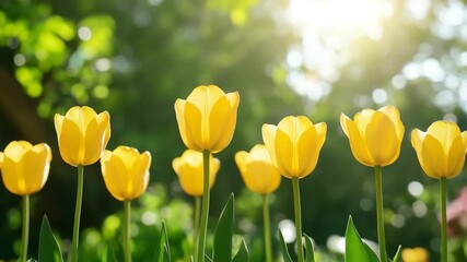 Colorful yellow tulips rise gracefully in a lush garden bathed in sunlight, creating an enchanting atmosphere filled with life and renewal. A perfect celebration of springtime.