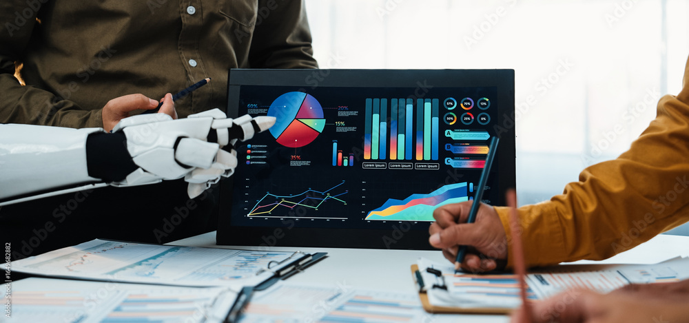 Poster a dynamic office scene shows professionals collaborating with advanced technology. a robotic arm poi