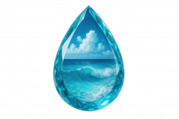 Transparent teardrop with ocean waves and clouds inside, symbolizing water purity and environmental conservation