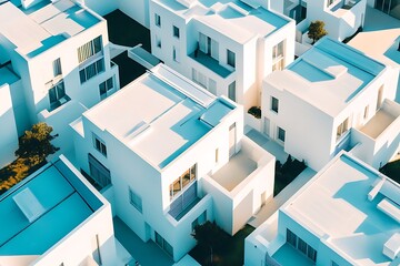 Fototapeta premium Overhead view of all-white flat rooftop buildings under a bold gradient blue sky 