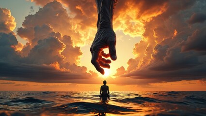 Divine Intervention - Giant Hand Reaching Down to Save a Person at Sea