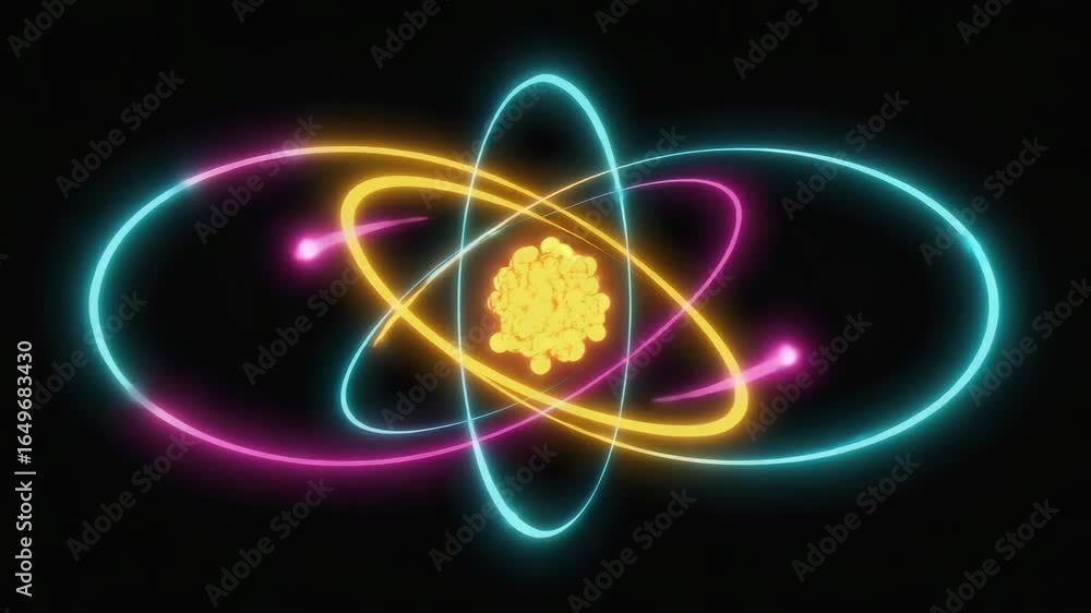 Poster glowing neon electrons orbiting a nucleus create a vibrant and colorful visualization of atomic stru