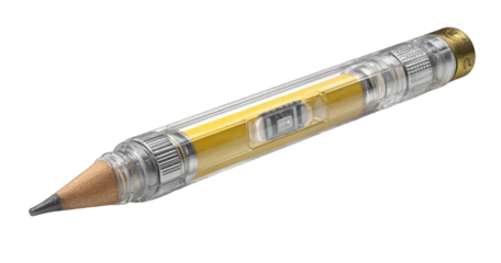 Transparent pencil with a yellow core.  A clear,  cylindrical case surrounds a yellow graphite lead.  Mechanical components are visible