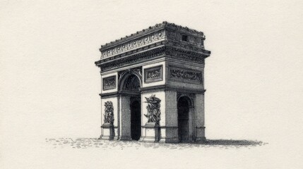 A meticulously detailed pencil sketch of a triumphal arch, rendered in grayscale, showcasing its intricate architectural features against a plain backdrop